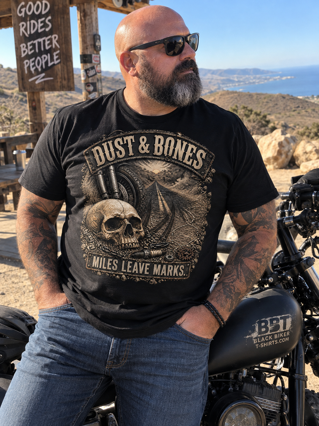 Dust & Bones | Miles Leave Marks Black Biker T-Shirt